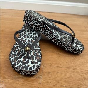 Tory Burch Black and Brown Animal Print Sandals